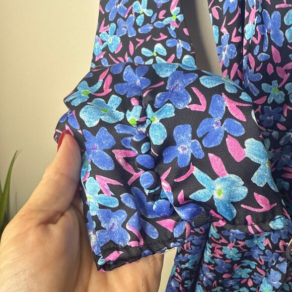 NEW NWT Zara Midi‎ Blue Floral Long Sleeve Satin Dress Small Belted Front Slit - Picture 5 of 10